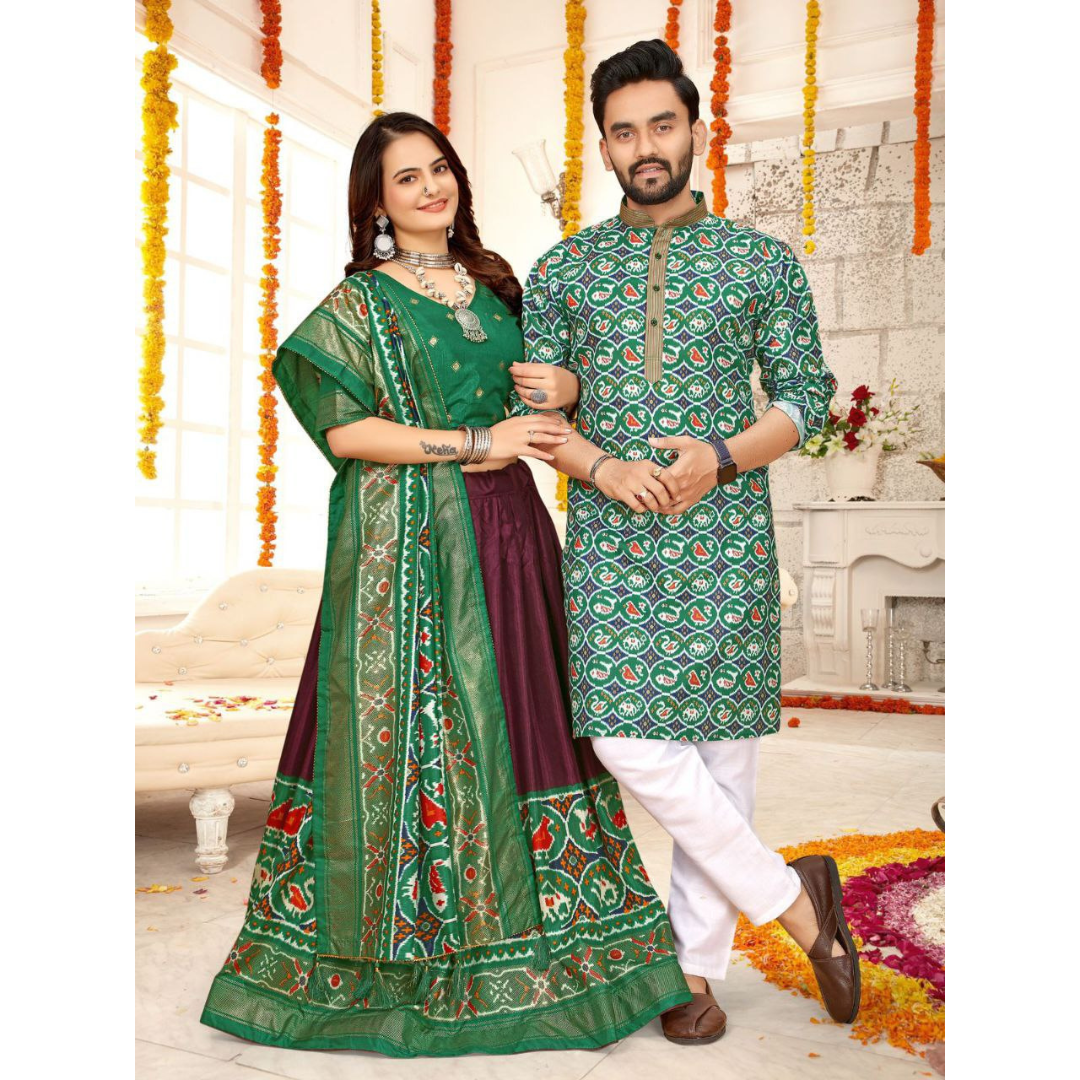 Traditional Indian Ethnic Couple Wear Men Kurta and Women Lehenga Same Matching Outfits Set mahezon