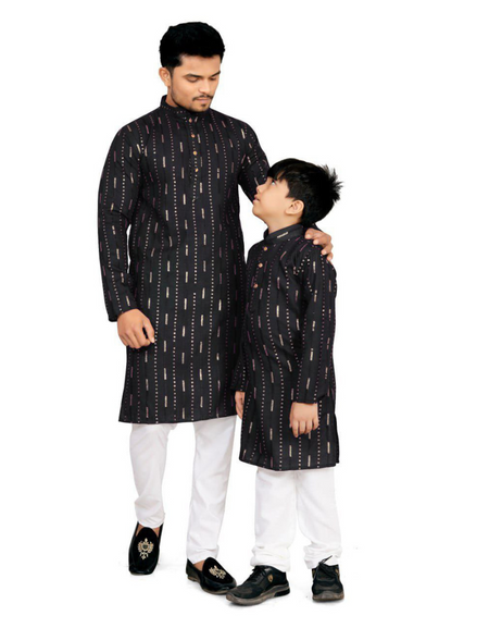Father Son Cotton Traditional Same Matching Kurta Pajama outfits Black