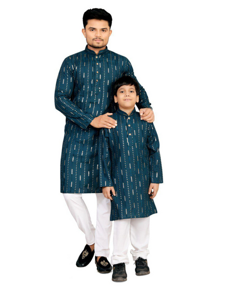 Traditional Cotton Ethnic Father Son Same Matching Kurta Pajama outfits Blue