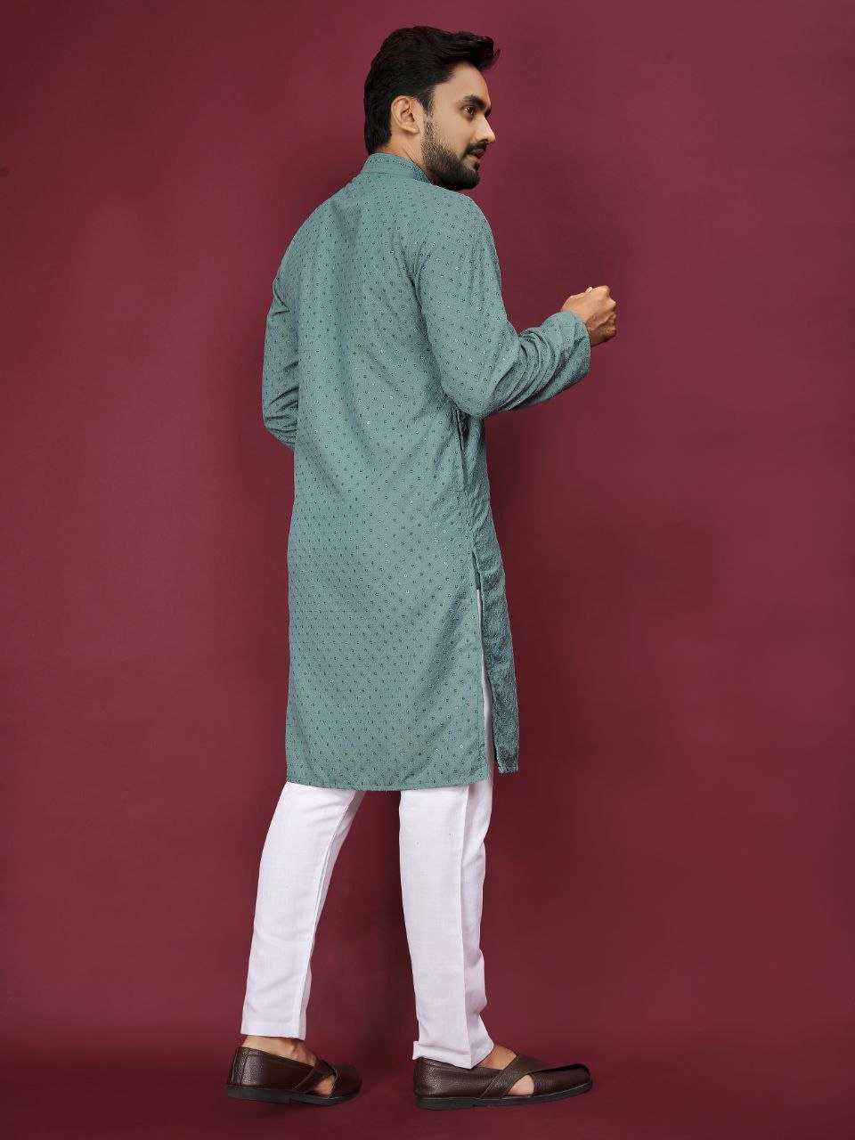 Traditional Indian Cotton Lucknowi Men Kurta Pyjama Set mahezon