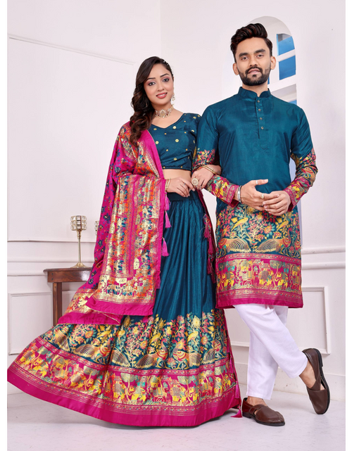 Load image into Gallery viewer, Festive Traditional Couple Wear Same Matching White Men Kurta Pajama Women Lehenga Choli Dupatta Outfit Set mahezon
