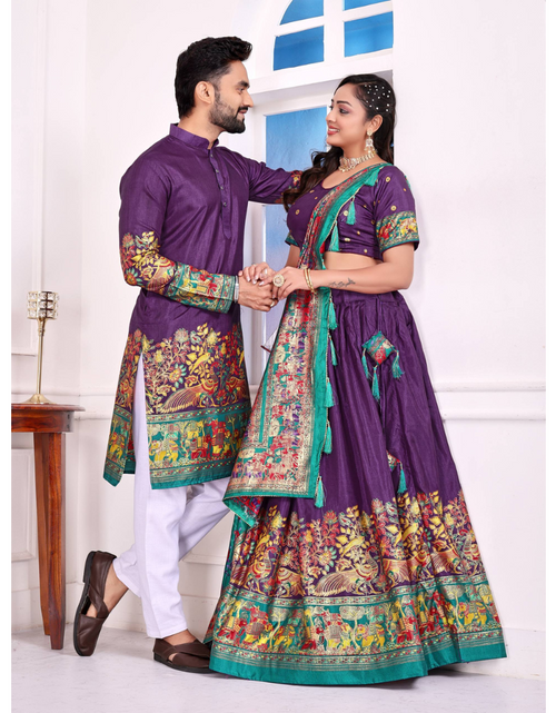 Load image into Gallery viewer, Festive Traditional Couple Wear Same Matching White Men Kurta Pajama Women Lehenga Choli Dupatta Outfit Set mahezon
