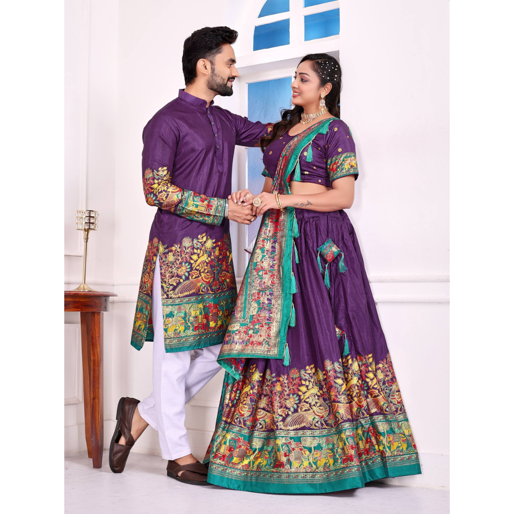 Festive Traditional Couple Wear Same Matching White Men Kurta Pajama Women Lehenga Choli Dupatta Outfit Set mahezon