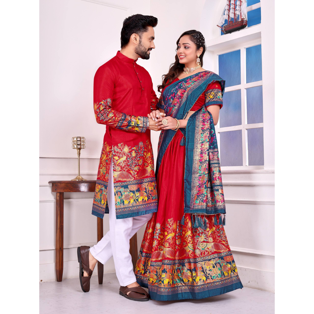Festive Traditional Couple Wear Same Matching White Men Kurta Pajama Women Lehenga Choli Dupatta Outfit Set mahezon