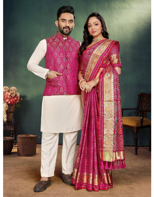 Load image into Gallery viewer, Couple wear Same Matching Outfits Men Kurta Pajama Koti and Women&#39;s Saree
