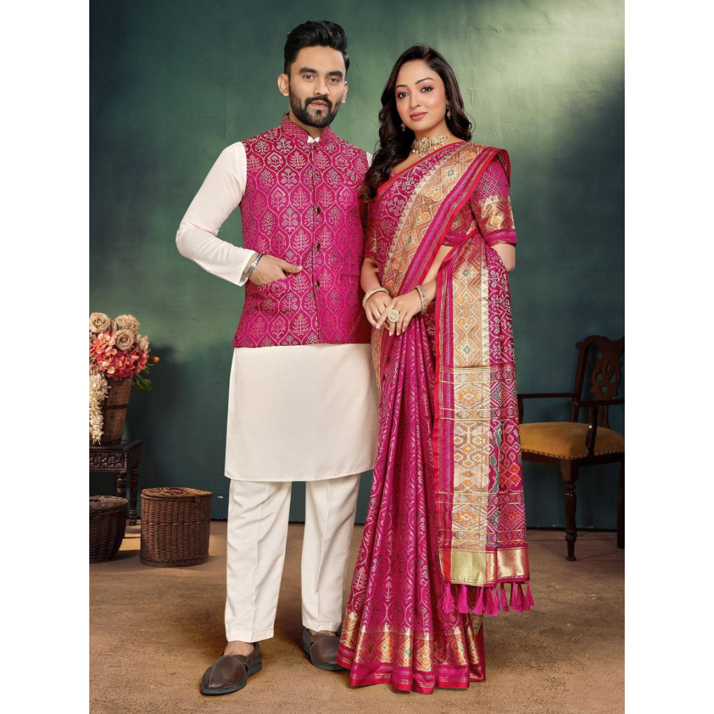 Couple wear Same Matching Outfits Men Kurta Pajama Koti and Women's Saree