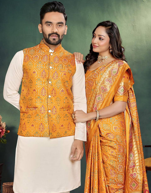 Load image into Gallery viewer, Couple wear Same Matching Outfits Men Kurta Pajama Koti and Women&#39;s Saree
