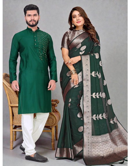 Traditional Couples Same Matching Men Kurta Pajama and Women Saree Blouse Outfits Set mahezon