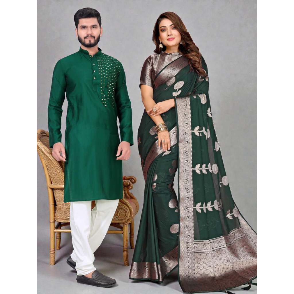 Traditional Couples Same Matching Men Kurta Pajama and Women Saree Blouse Outfits Set mahezon