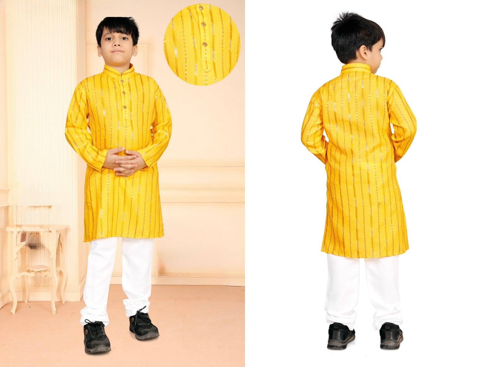 Traditional Cotton Ethnic Father Son Same Matching Kurta Pajama outfits Yellow mahezon