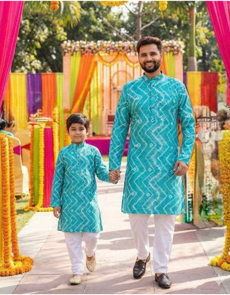 Traditional Indian Cotton Blue Father Son Same Matching Kurta Pajama mahezon