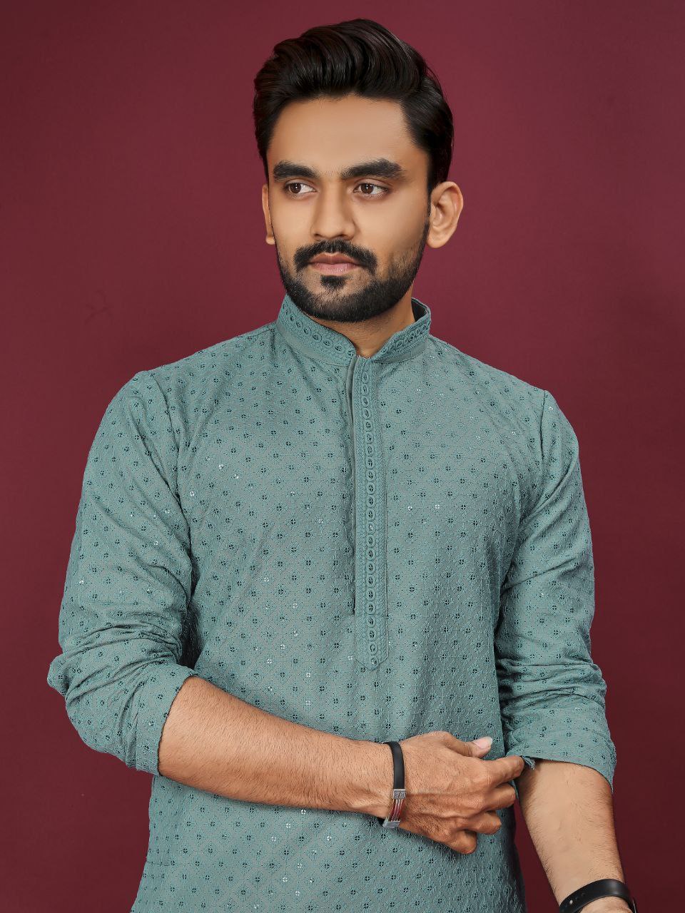 Traditional Indian Cotton Lucknowi Men Kurta Pyjama Set mahezon