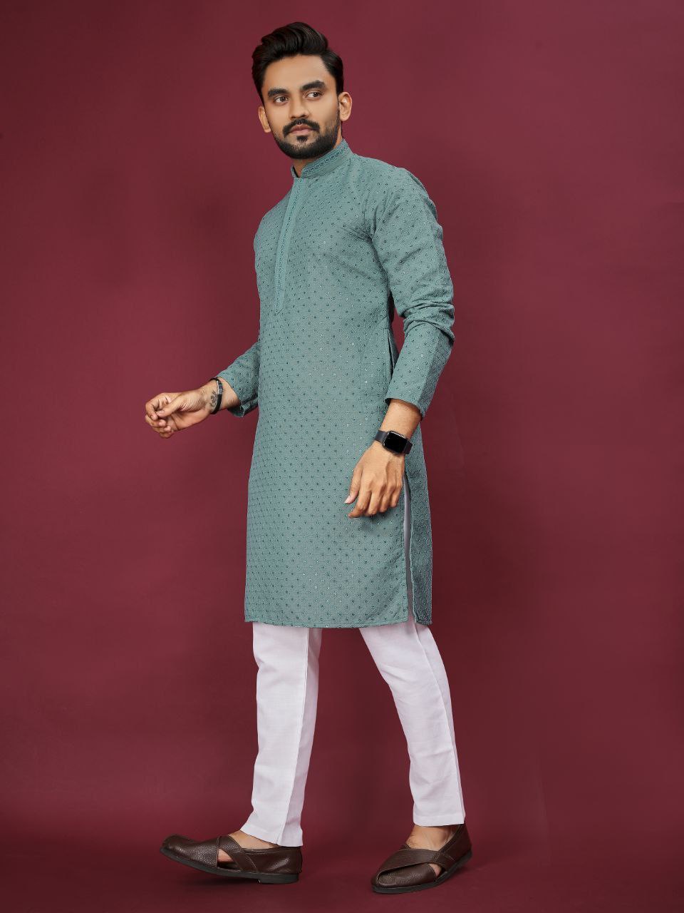 Traditional Indian Cotton Lucknowi Men Kurta Pyjama Set mahezon