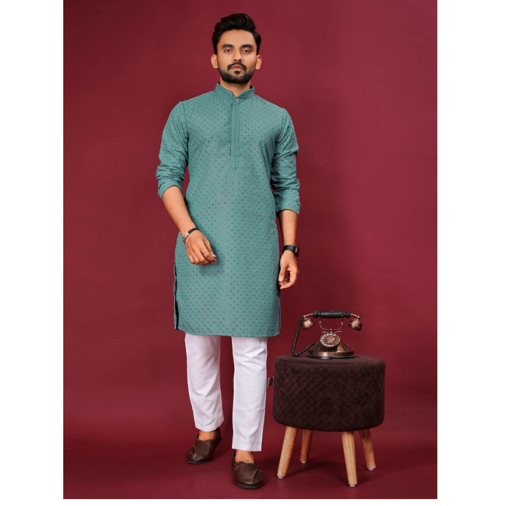 Traditional Indian Cotton Lucknowi Men Kurta Pyjama Set mahezon