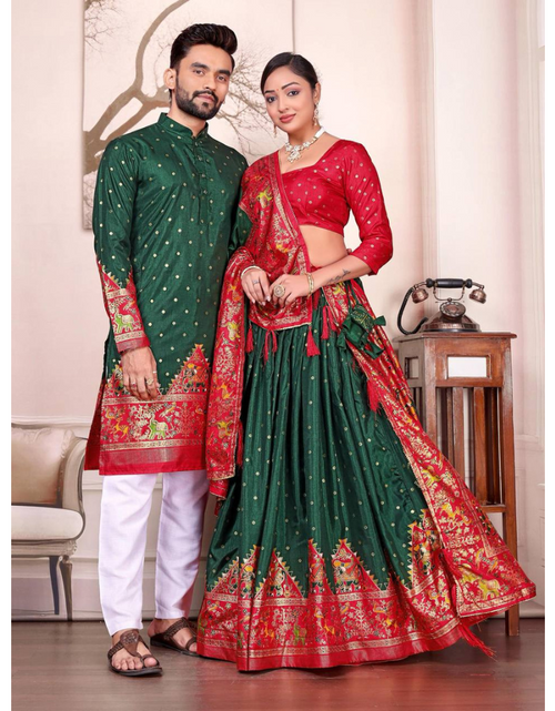 Load image into Gallery viewer, Traditional Indian Couple Wear Same Matching Men Kurta Pajama Women Lehenga Choli Dupatta mahezon

