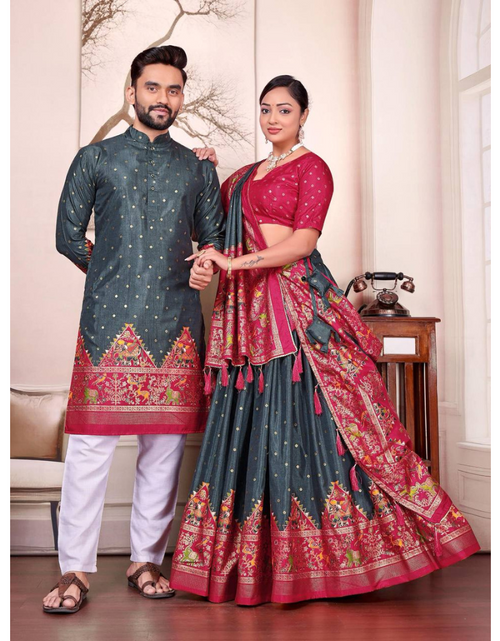 Load image into Gallery viewer, Traditional Indian Couple Wear Same Matching Men Kurta Pajama Women Lehenga Choli Dupatta mahezon
