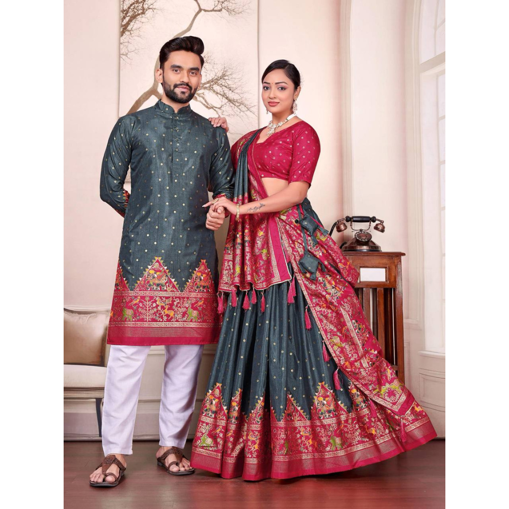 Traditional Indian Couple Wear Same Matching Men Kurta Pajama Women Lehenga Choli Dupatta mahezon