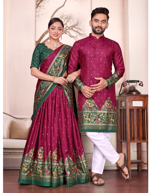 Load image into Gallery viewer, Traditional Indian Couple Wear Same Matching Men Kurta Pajama Women Lehenga Choli Dupatta mahezon
