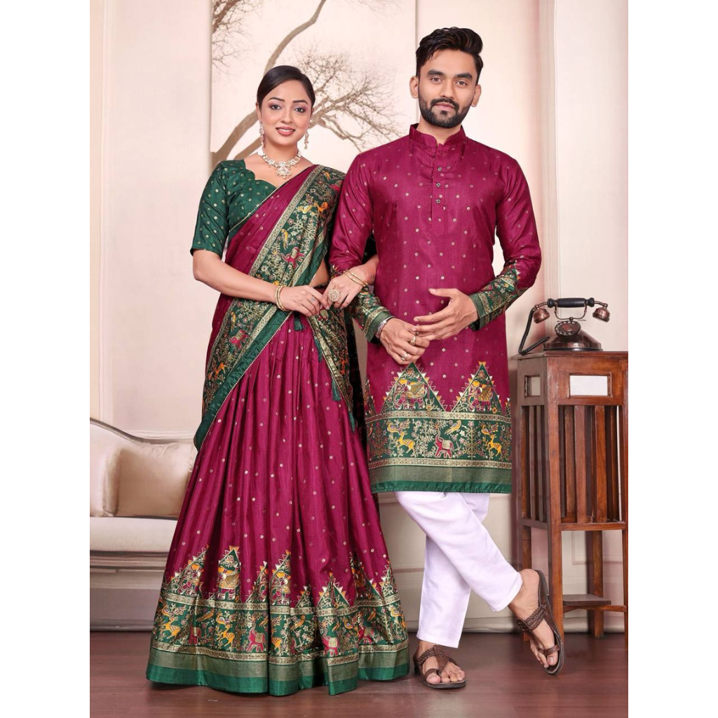 Traditional Indian Couple Wear Same Matching Men Kurta Pajama Women Lehenga Choli Dupatta mahezon