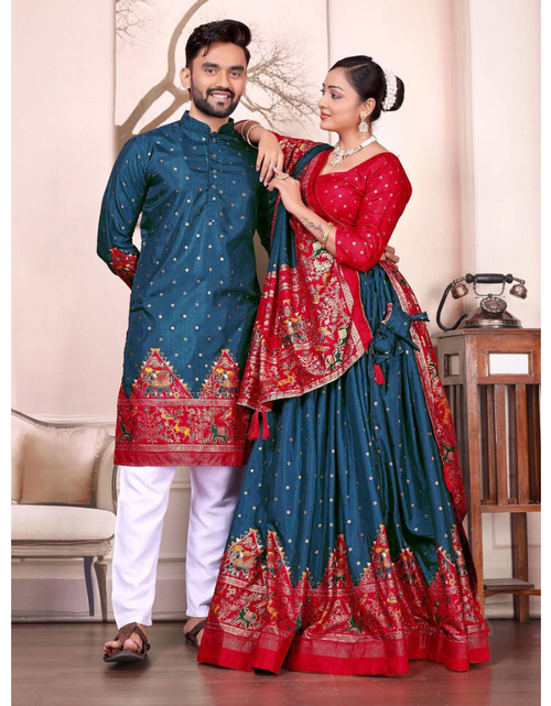 Load image into Gallery viewer, Traditional Indian Couple Wear Same Matching Men Kurta Pajama Women Lehenga Choli Dupatta mahezon
