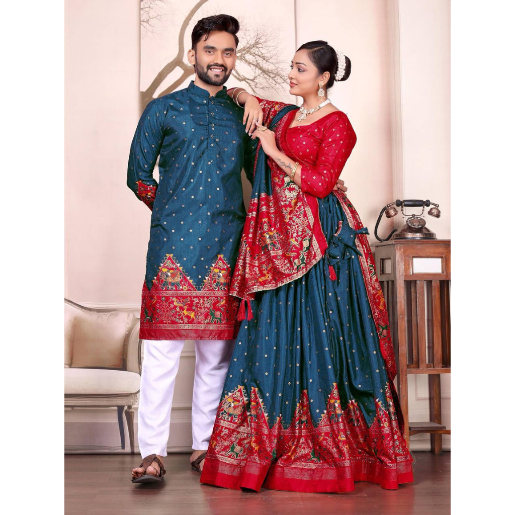 Traditional Indian Couple Wear Same Matching Men Kurta Pajama Women Lehenga Choli Dupatta mahezon