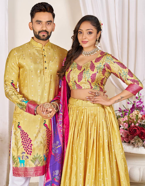 Load image into Gallery viewer, Traditional Couple Wear Same Matching Men Kurta Pajama Women Lehenga Choli Dupatta Outfits mahezon
