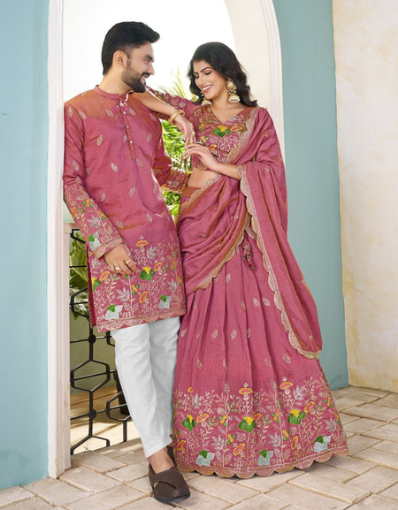 Traditional Indian Couple Wear Same Matching Men Kurta Women Lehenga Blouse Dupatta for Weddings mahezon