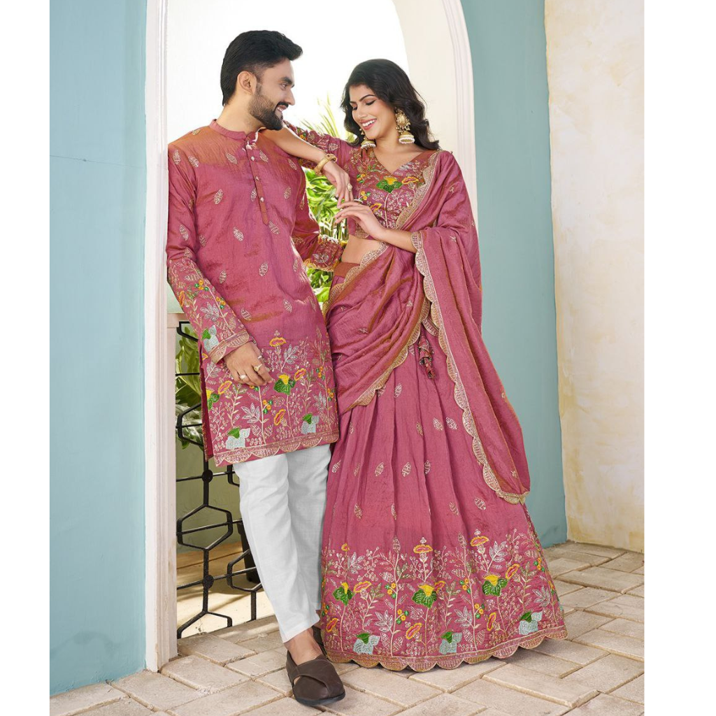Traditional Indian Couple Wear Same Matching Men Kurta Women Lehenga Blouse Dupatta for Weddings mahezon