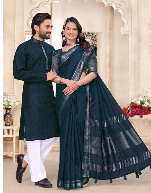Load image into Gallery viewer, Traditional Indian Couples Same Matching Men Kurta Pajama and Women Saree Blouse Outfits Set mahezon
