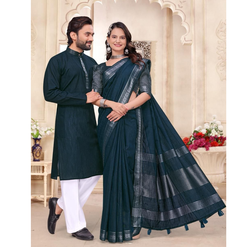 Traditional Indian Couples Same Matching Men Kurta Pajama and Women Saree Blouse Outfits Set mahezon