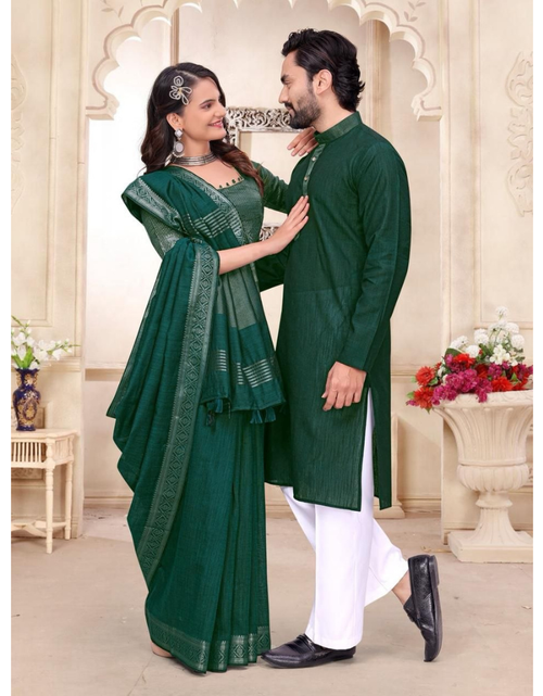Load image into Gallery viewer, Traditional Indian Couples Same Matching Men Kurta Pajama and Women Saree Blouse Outfits Set mahezon
