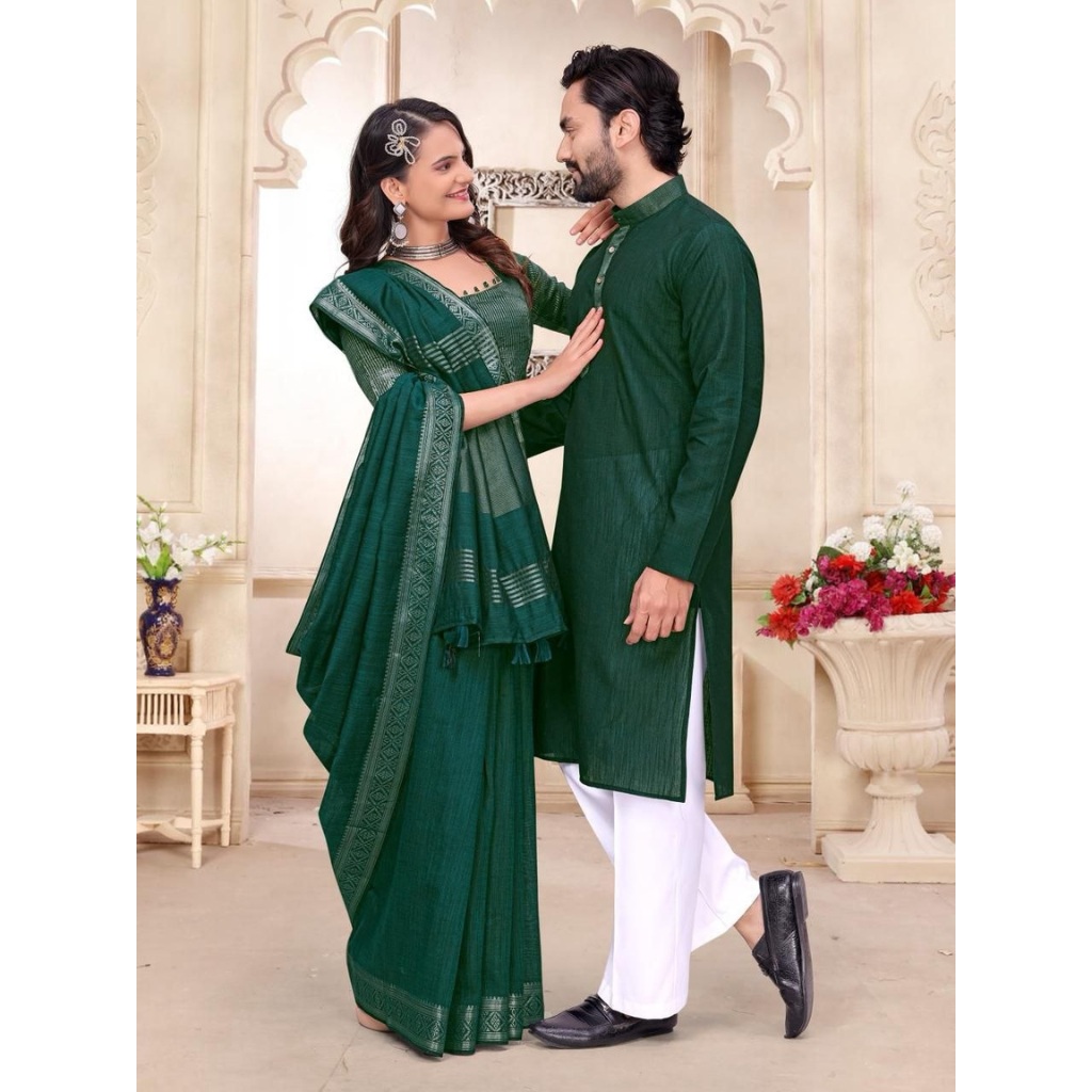 Traditional Indian Couples Same Matching Men Kurta Pajama and Women Saree Blouse Outfits Set mahezon