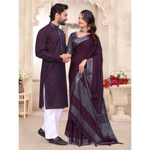 Traditional Indian Couples Same Matching Men Kurta Pajama and Women Saree Blouse Outfits Set mahezon