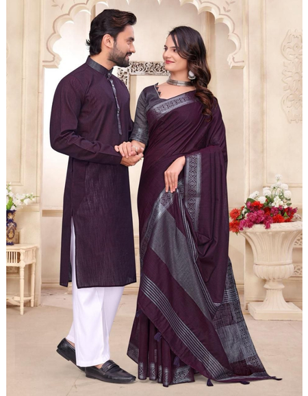 Traditional Indian Couples Same Matching Men Kurta Pajama and Women Saree Blouse Outfits Set mahezon