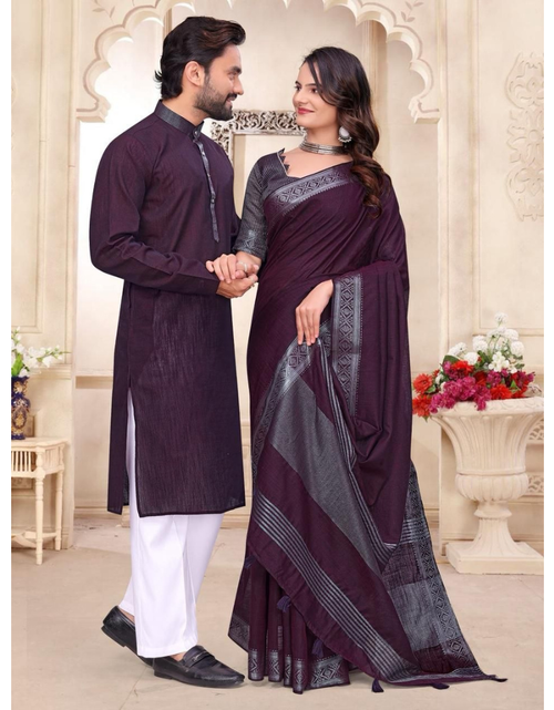 Load image into Gallery viewer, Traditional Indian Couples Same Matching Men Kurta Pajama and Women Saree Blouse Outfits Set mahezon
