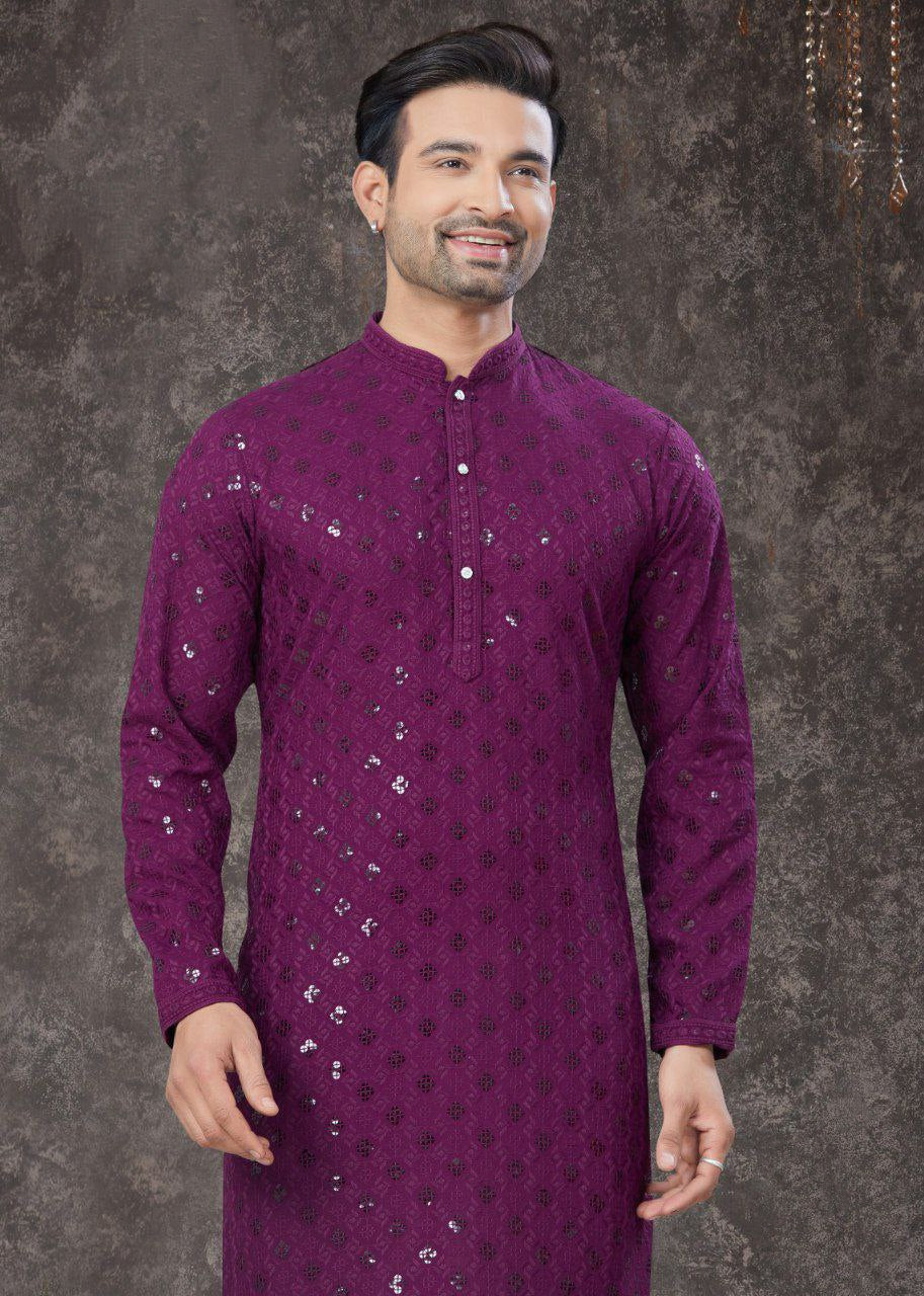 Lucknowi Chikankari Purple Mens Kurta Pajama mahezon