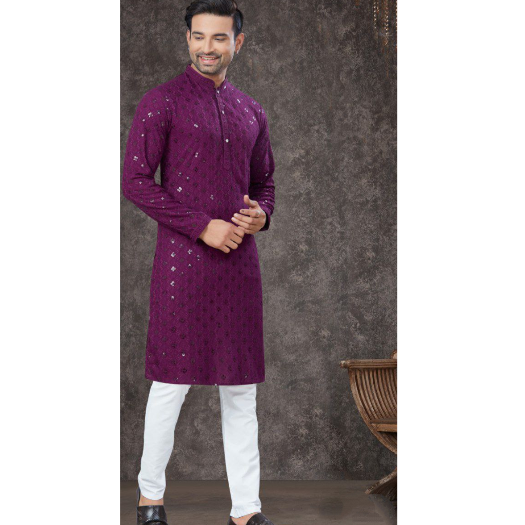 Lucknowi Chikankari Purple Mens Kurta Pajama mahezon