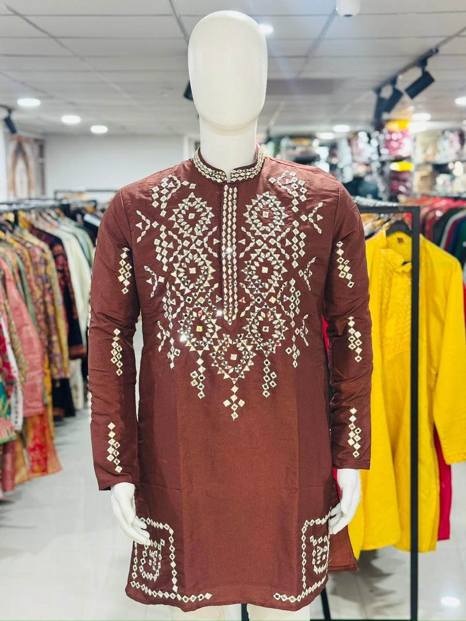 Indian Traditional Silk Embroidery Men’s Short Kurta Pajama Set mahezon