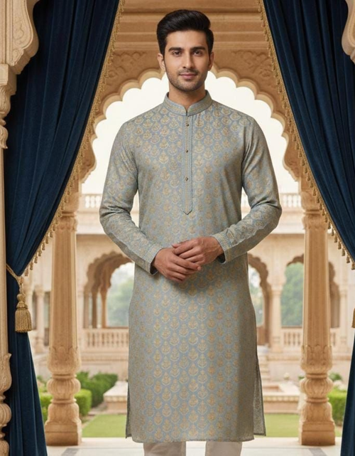 Load image into Gallery viewer, Traditional Indian Wedding Silk Embroidery Men’s Short Kurta Pajama Set mahezon
