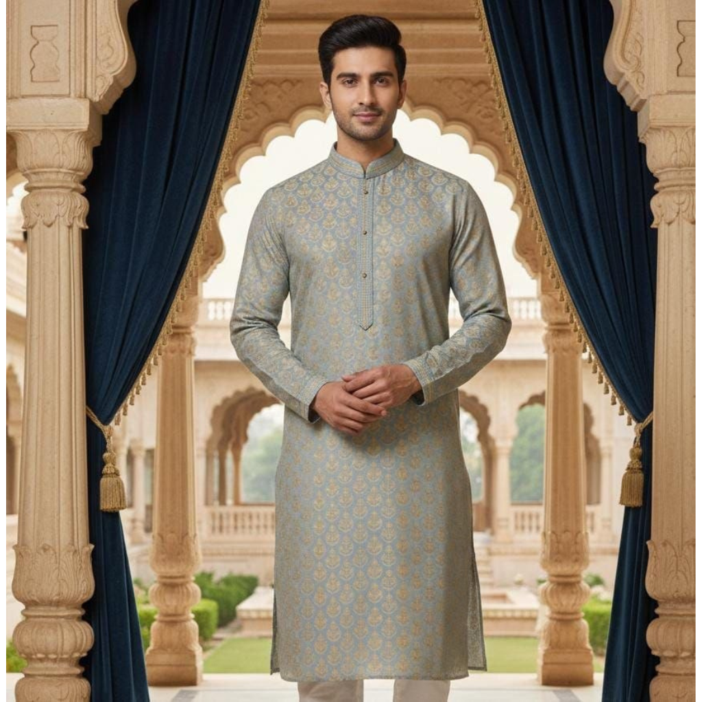 Traditional Indian Wedding Silk Embroidery Men’s Short Kurta Pajama Set mahezon