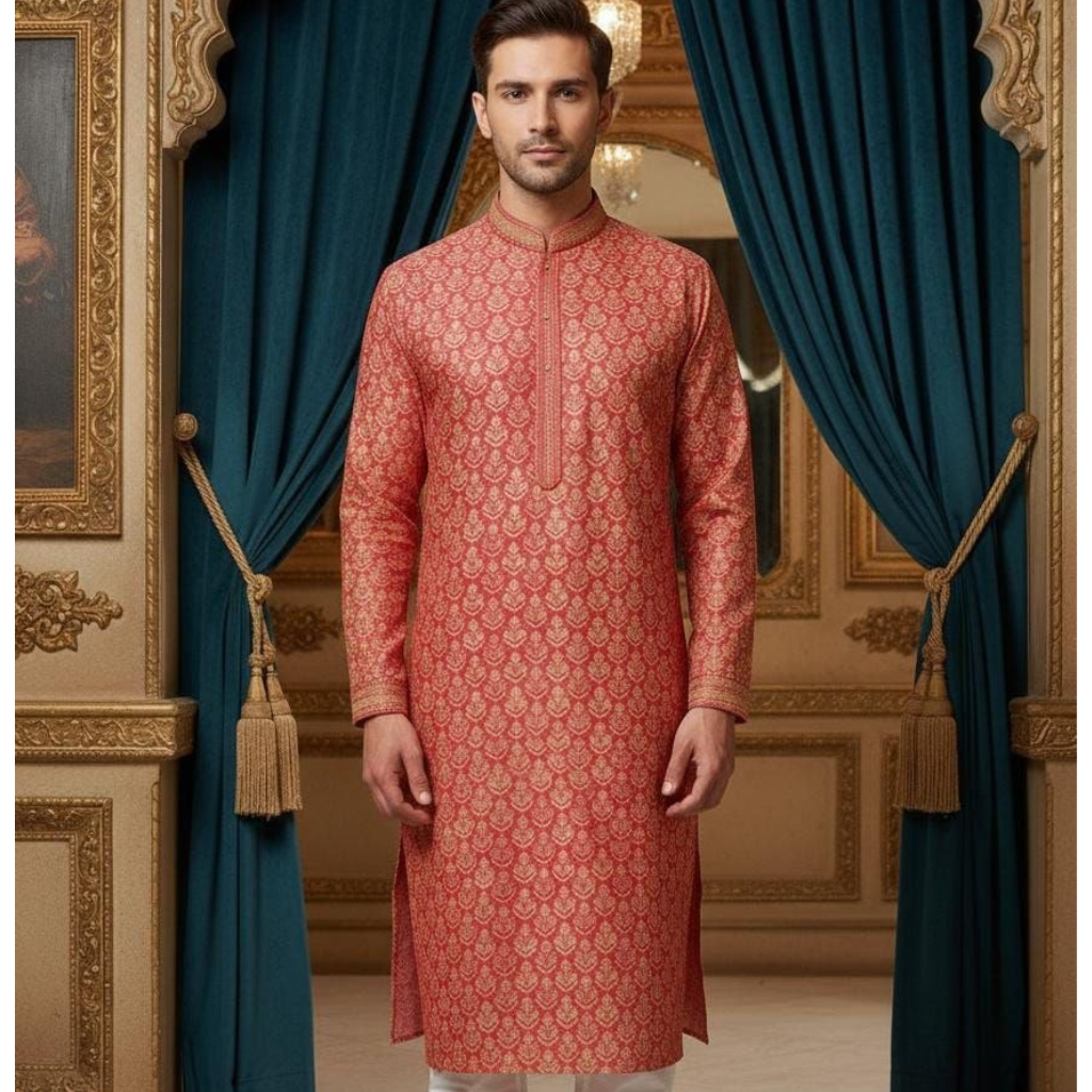 Traditional Indian Wedding Silk Embroidery Men’s Short Kurta Pajama Set mahezon