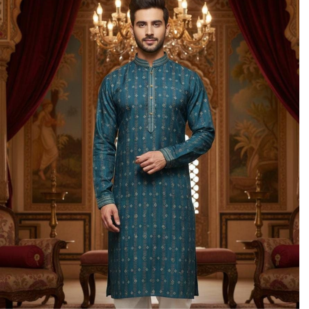Traditional Indian Wedding Silk Embroidery Men’s Short Kurta Pajama Set mahezon