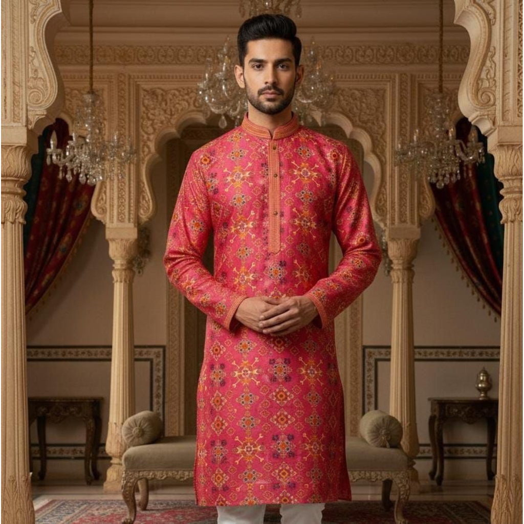 Traditional Indian Wedding Silk Embroidery Men’s Short Kurta Pajama Set mahezon
