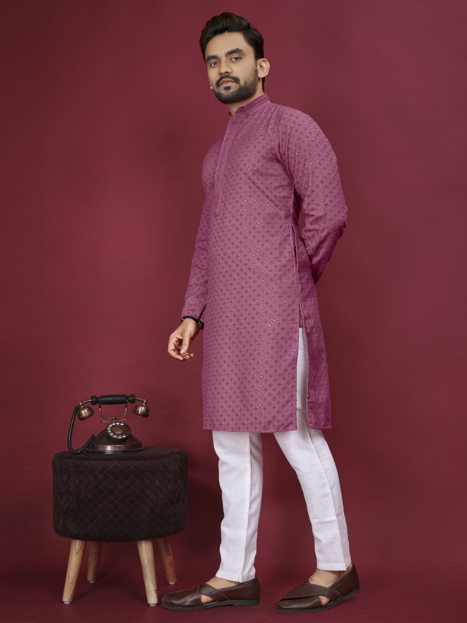Indian Traditional Cotton Lucknowi Men Kurta Pyjama Set mahezon