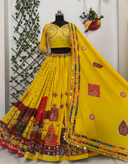 Traditional Navratri Garba Yellow Embroidery Women Lehenga Choli mahezon