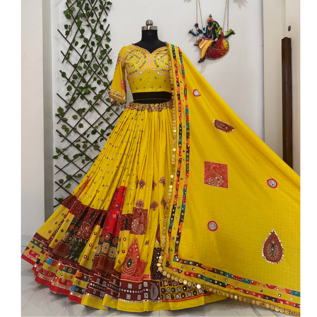 Traditional Navratri Garba Yellow Embroidery Women Lehenga Choli mahezon