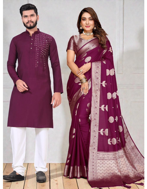 Load image into Gallery viewer, Traditional Couples Same Matching Men Kurta Pajama and Women Saree Blouse Outfits Set mahezon
