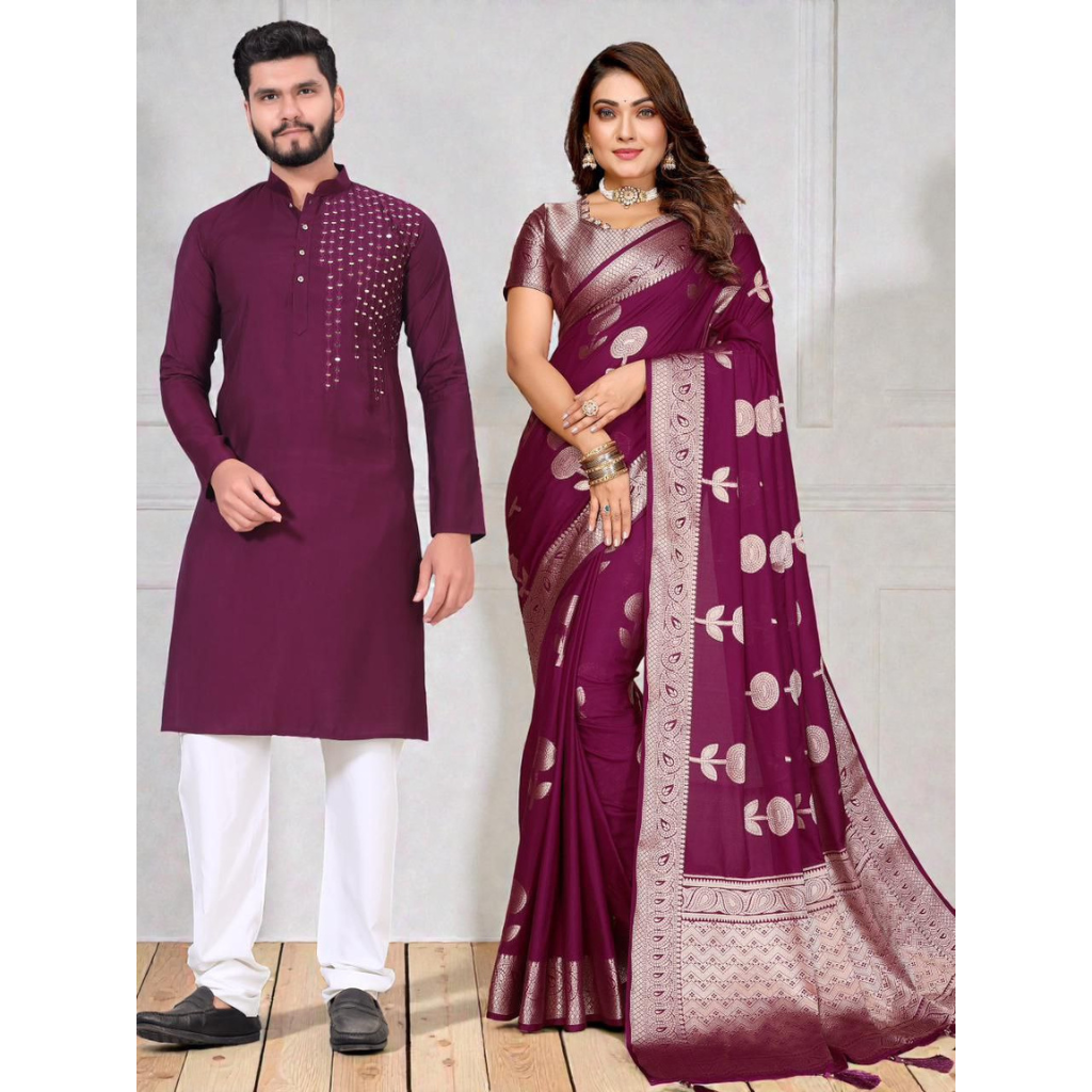 Traditional Couples Same Matching Men Kurta Pajama and Women Saree Blouse Outfits Set mahezon