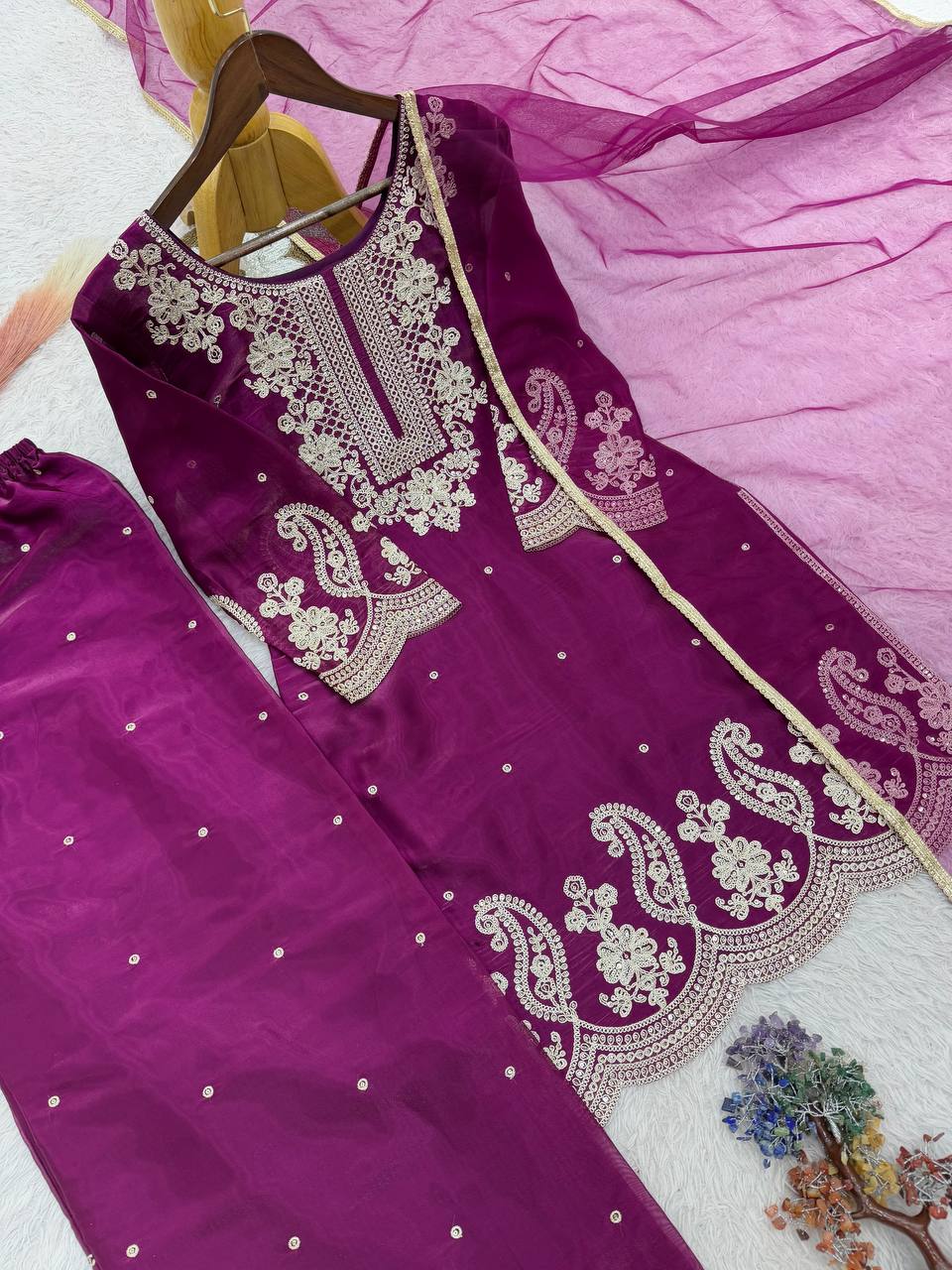 Wedding Embroidery Sequence Women Top Palazzo Dupatta Suit Dress mahezon