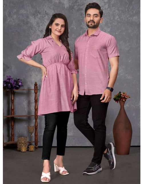Load image into Gallery viewer, Couple wear Same Matching Purple Men Shirt and Women&#39;s Tunic Set mahezon
